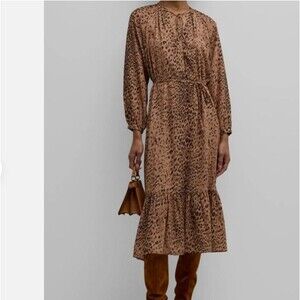 $448 Brochu Walker Women Beige Sarai Animal-Print Flounce Midi Dress Medium